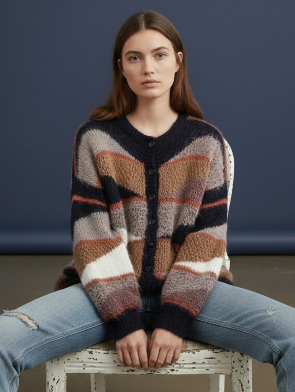 VINTAGE New Zealand Mixed Knit Mohair Geometric Oversized Cardigan Sweater